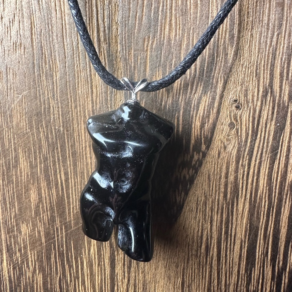 Black Obsidian Male Body Pendant Necklace on Black Rope, Sterling Silver Clasp - Picture 7 of 10
